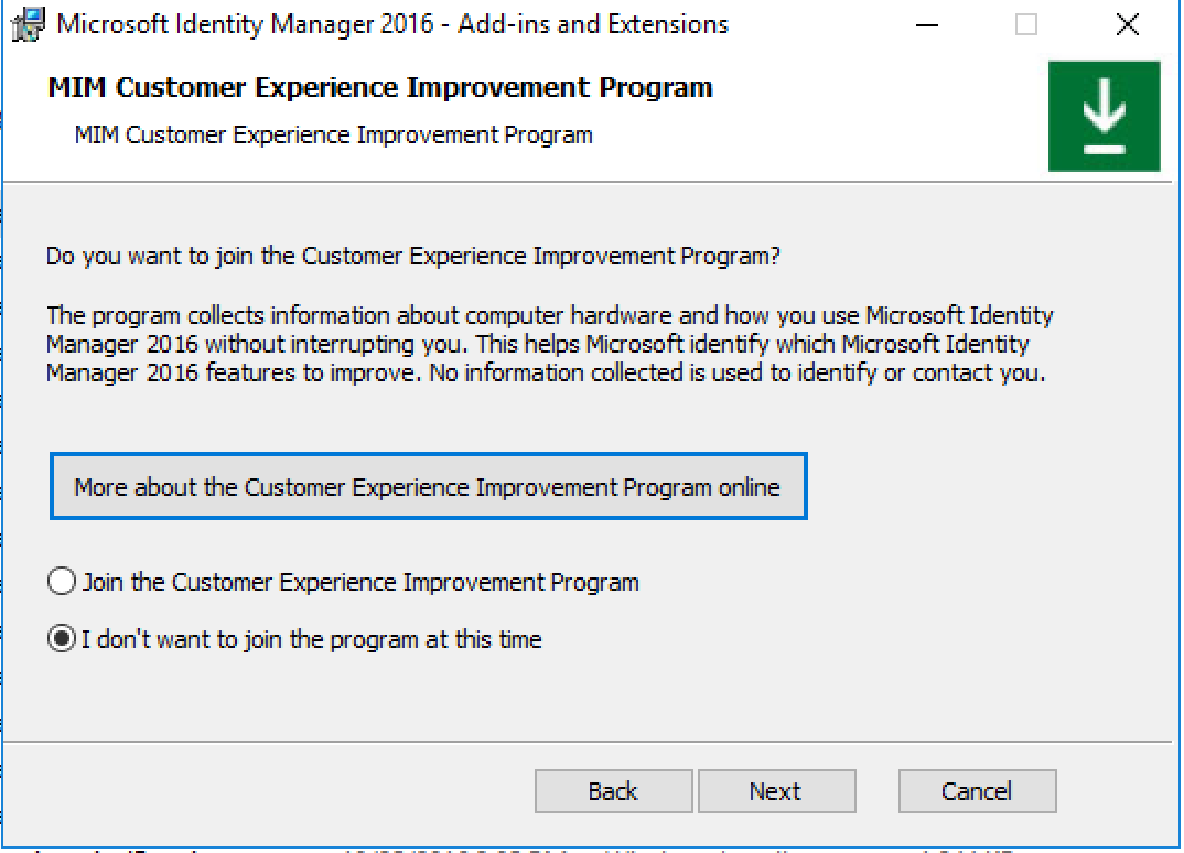 Microsoft Identify Management Customer Experience Improvement Program のオプトアウト画面を示すスクリーンショット。