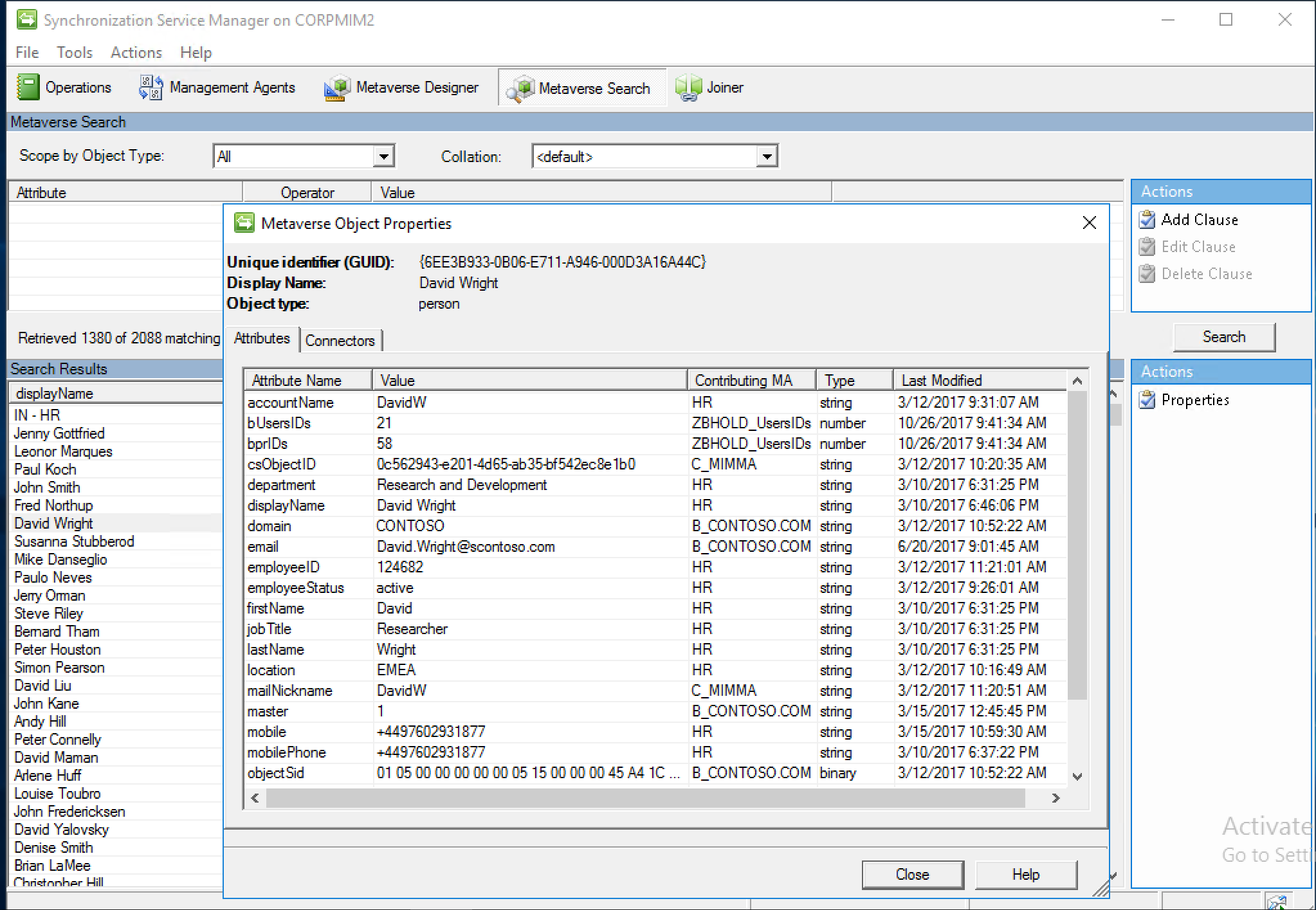ユーザー プロファイル ページとメタバース オブジェクトのプロパティを示す同期Service Managerのスクリーンショット。