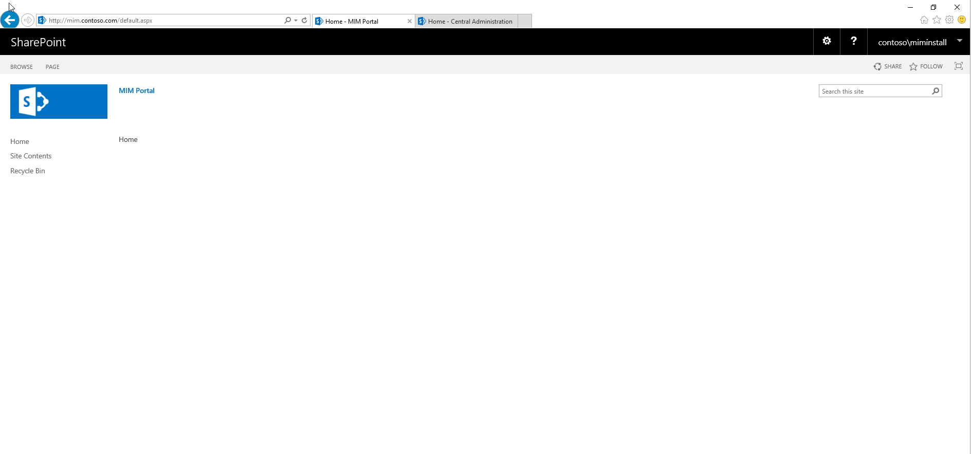 Contoso サンプル URL のInternet Explorerに表示されている MIM ポータルのホーム ページのスクリーンショット。