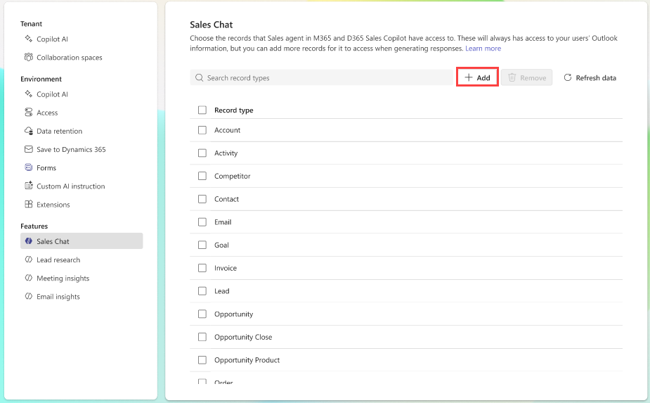 Sales Chat レコードの種類の設定を示すスクリーンショット。