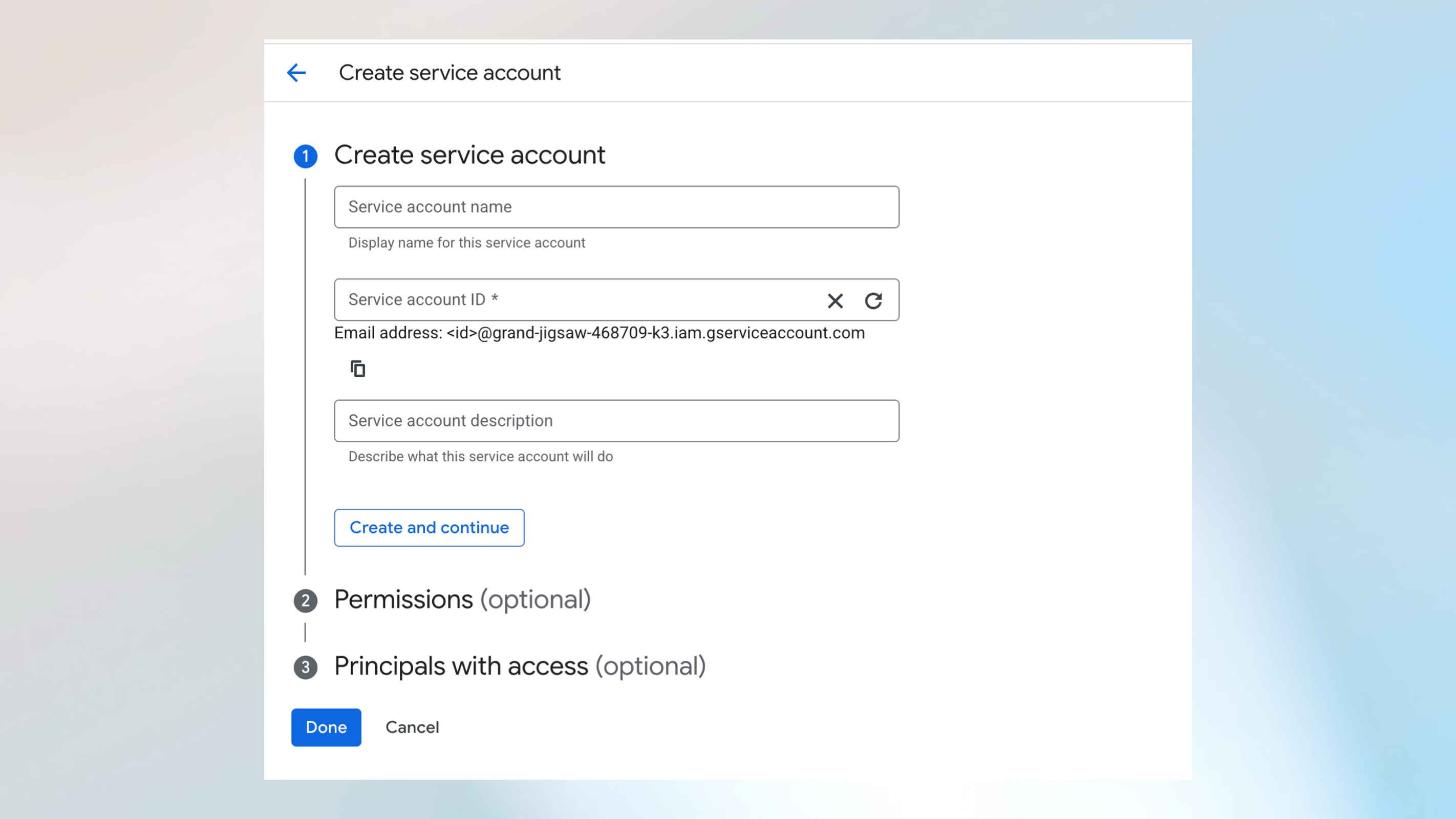 新しいサービス アカウントを作成する方法を示すスクリーンショット step3。