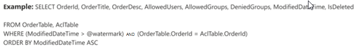 OrderTable、AclTable、および使用できるプロパティの例を示す増分クロール スクリプト。