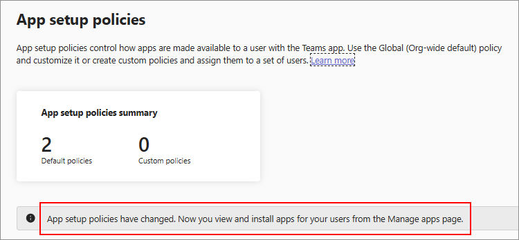 アプリのインストール オプションのない更新されたセットアップ ポリシー ページを示すスクリーンショット。