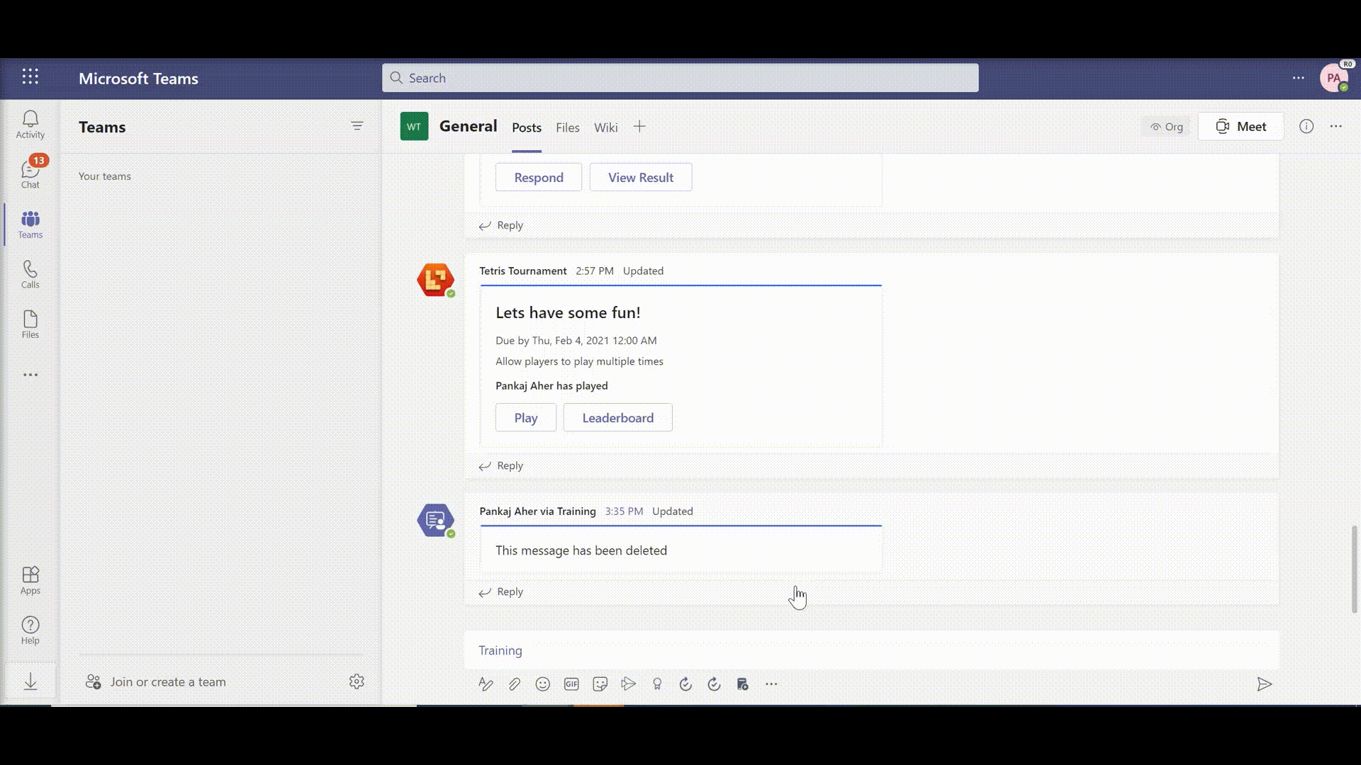 Teams ビューでトレーニングを作成する方法を説明するページを示すスクリーンショット。