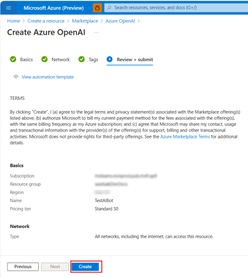 開いている AI をプレビューして作成Azureスクリーンショット。