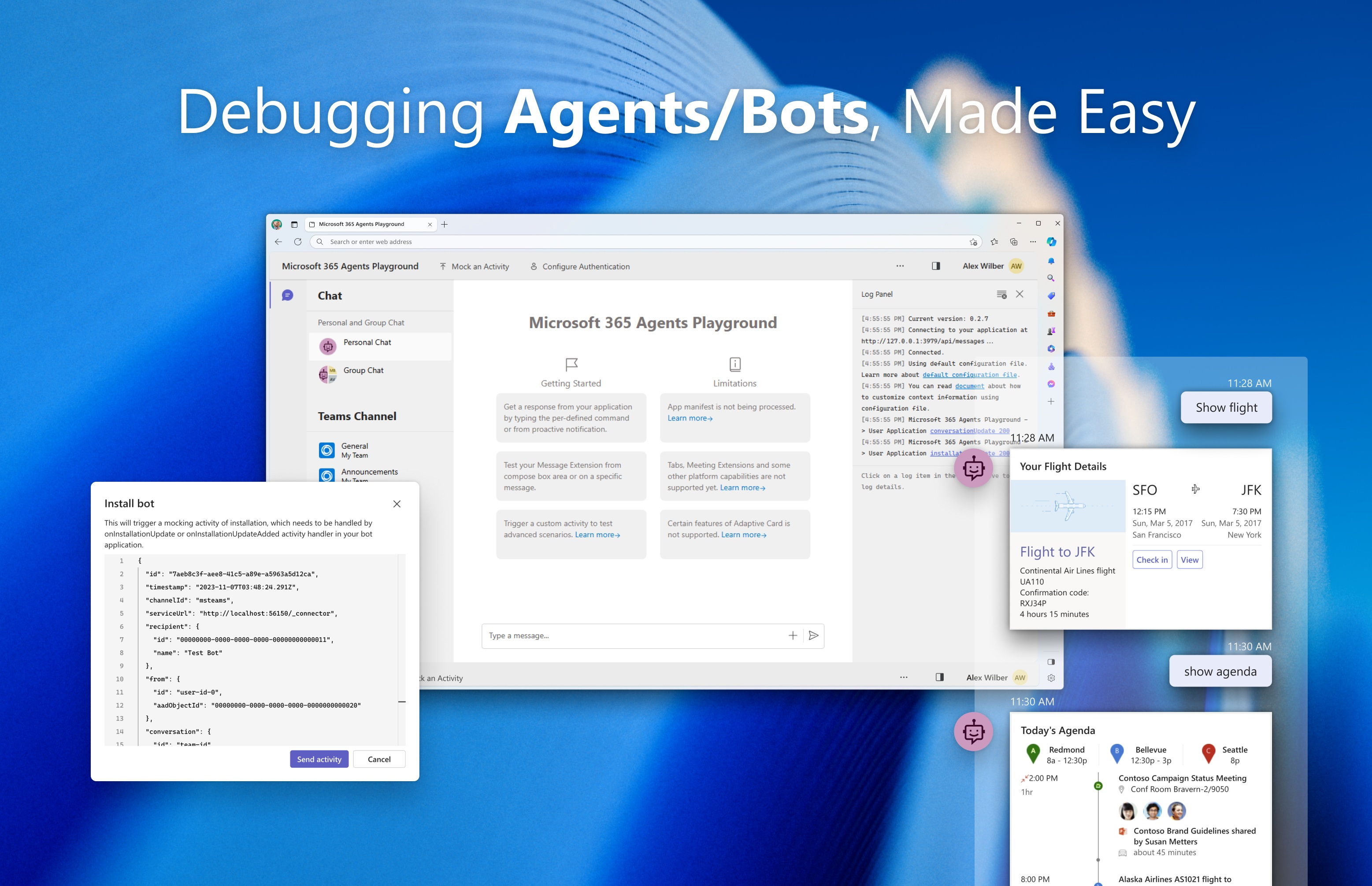 Microsoft 365 エージェントプレイグラウンドの UI を示すスクリーンショット