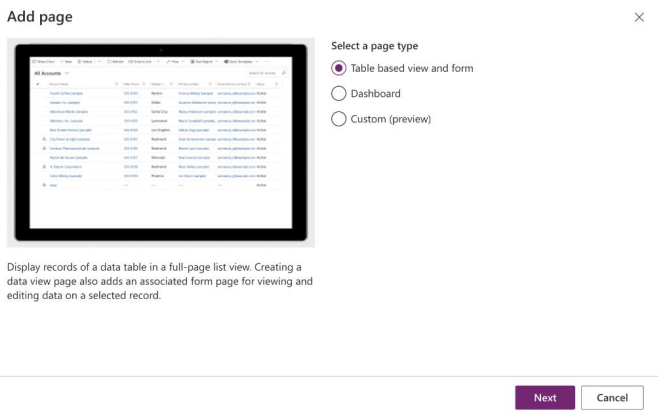 スクリーンショットは、テーブル ベースのビューとフォームを示す例であり、ページの種類を選択できます。