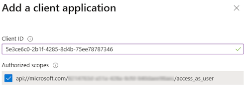 Azure portalのアプリにクライアント アプリケーションを追加するための [クライアント ID] オプションと [承認されたスコープ] オプションを示すスクリーンショット。クライアント アプリケーションを追加する