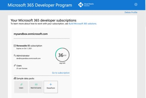 Microsoft 365 開発者プログラムを示すスクリーンショット。