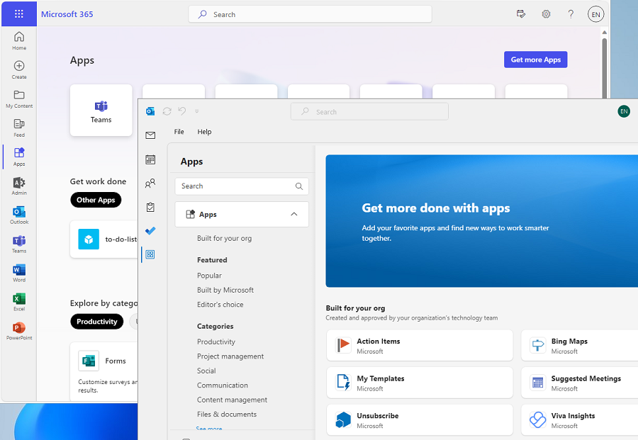 スクリーンショットは、SurveyMonkey アプリと MURAL Teams アプリの Outlook と microsoft365.com (以前の office.com) のインストール画面を示す例です。