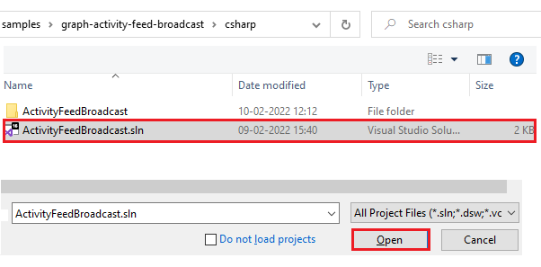 creenshot は、プロジェクト ファイルを選択する方法を示しています。