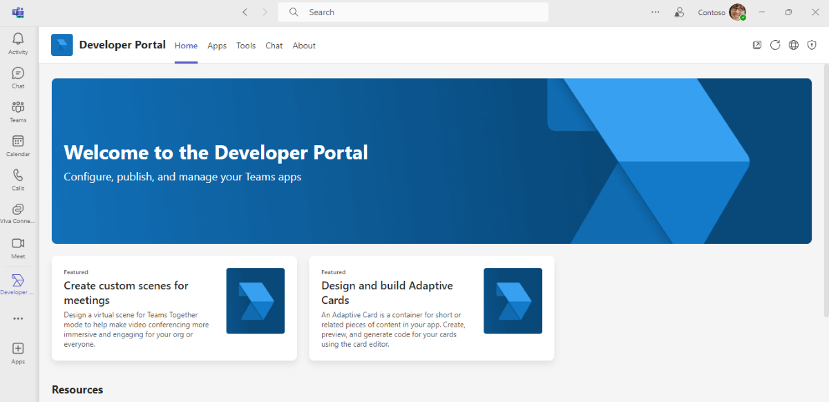 Teams クライアントの開発者ポータル アプリのホーム ページを示すスクリーンショット。