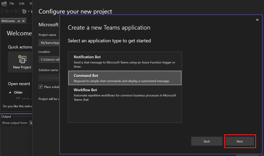 Visual Studio のアプリの種類を示すスクリーンショット。