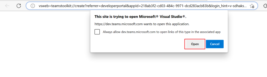 Visual Studio で [開く] オプションを使用したブラウザーのスクリーンショット。