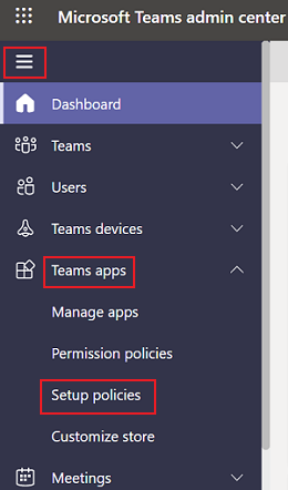 スクリーンショットは、Microsoft 365 管理 センターの Teams アプリの下にあるセットアップ ポリシーを示しています。