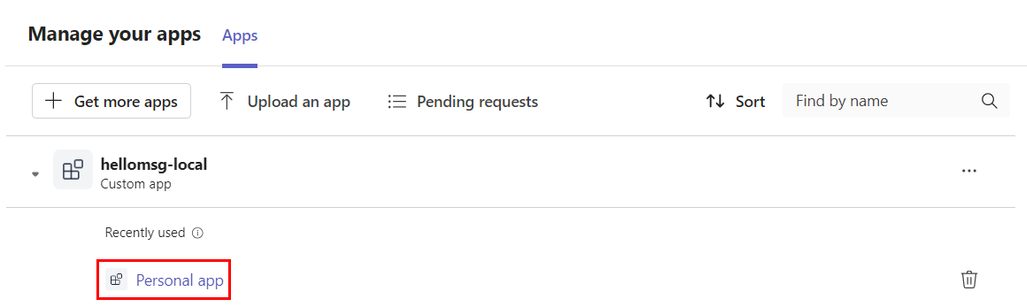Teams でアップロードされたアプリを示すスクリーンショット。