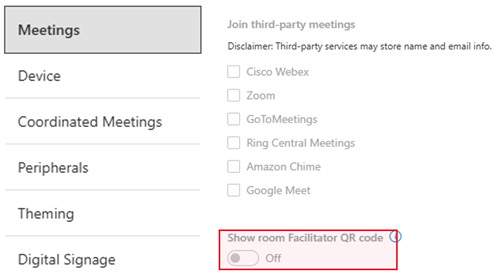 Teams Rooms Pro管理ポータルでファシリテーターをオンにするスクリーンショット。