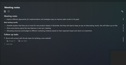 会議ノート エクスペリエンスのスクリーンショット。