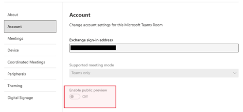 Teams Rooms Pro管理ポータルでパブリック プレビューを有効にするスクリーンショット。