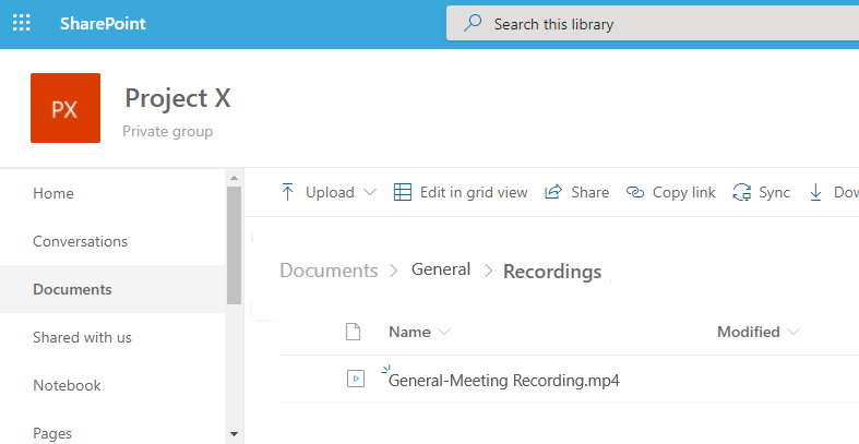会議のレコーディングを保存するための SharePoint の場所のスクリーンショット。