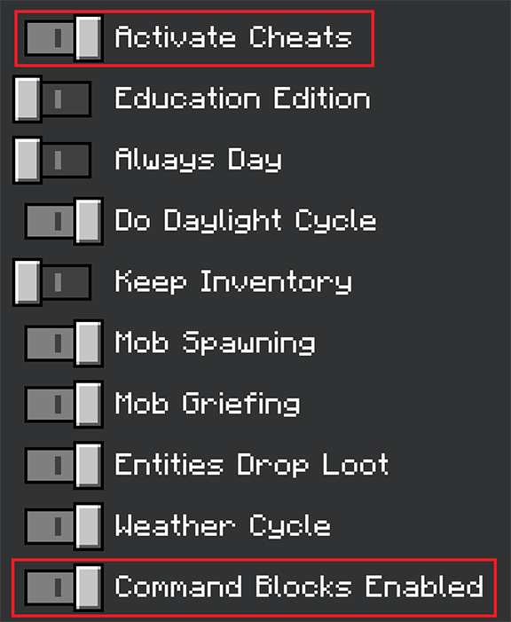 [Activate cheats (チートを実行)] オプションとコマンドブロックのオプション
