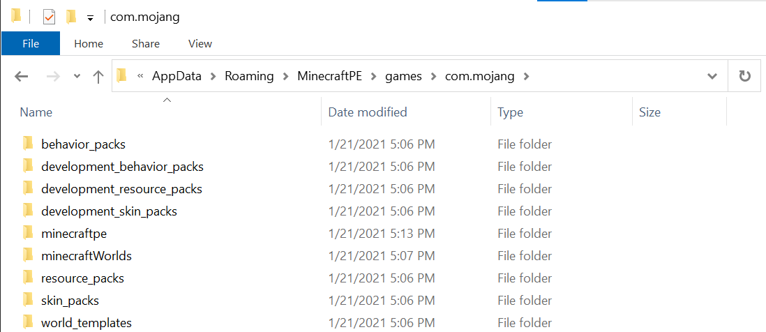 Windows エクスプローラー環境での com.mojang の画像。