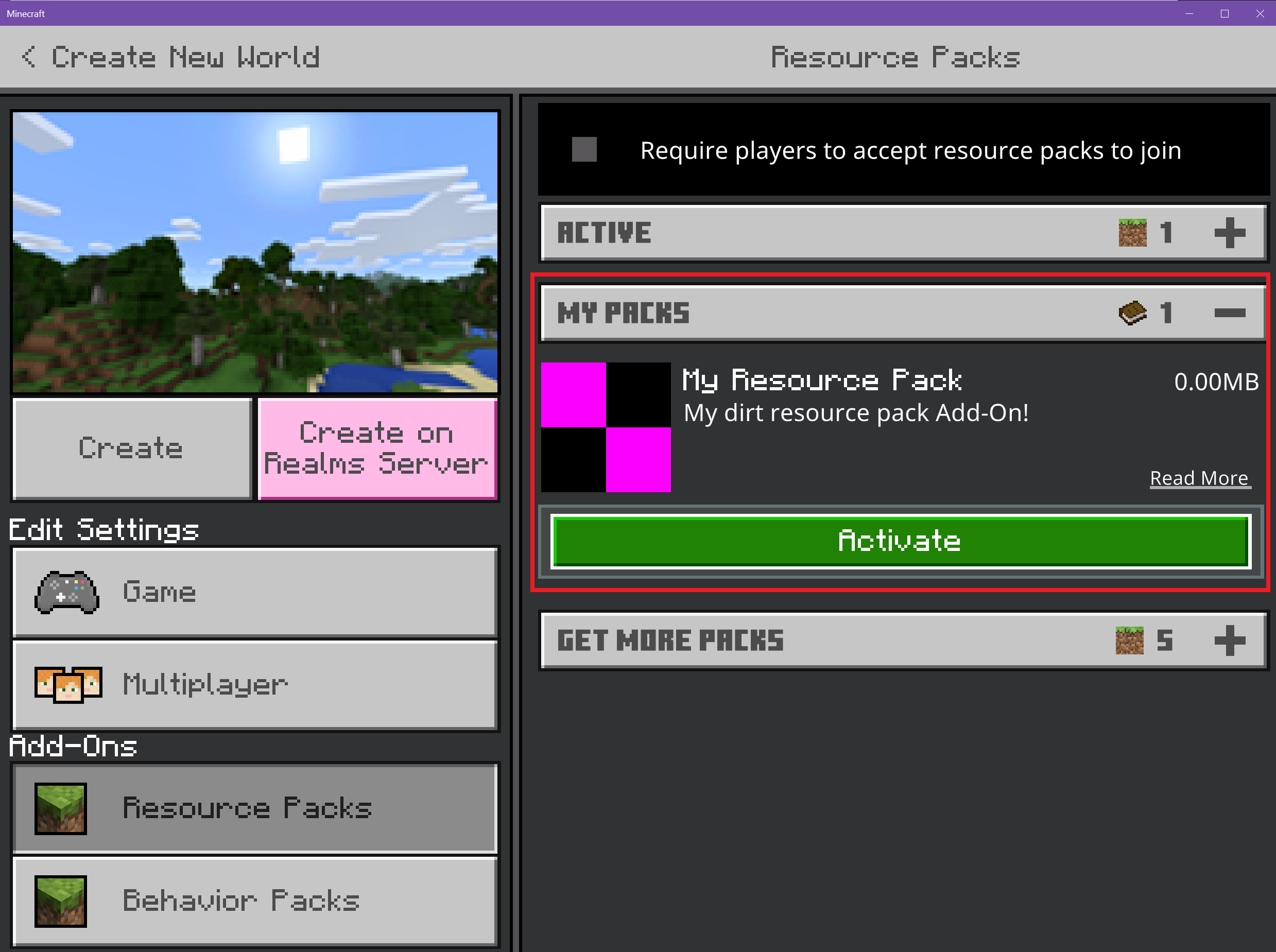 Minecraft の [Settings (設定)] ページの画像。[Add-On (アドオン)] メニューでリソース パックが選択されています。 [My Resource Pack (マイ リソース パック)] と [Activate (有効化)] ボタンが赤い長方形で囲まれています。