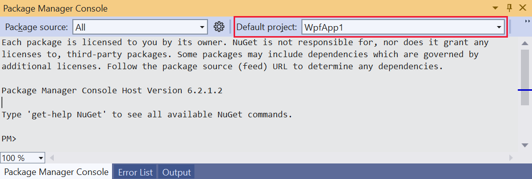 Screenshot showing the Package Manage Console window with Default project highlighted.