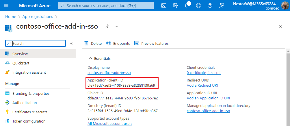 クライアント ID とディレクトリ ID を表示する Contoso のアプリ登録ウィンドウ。