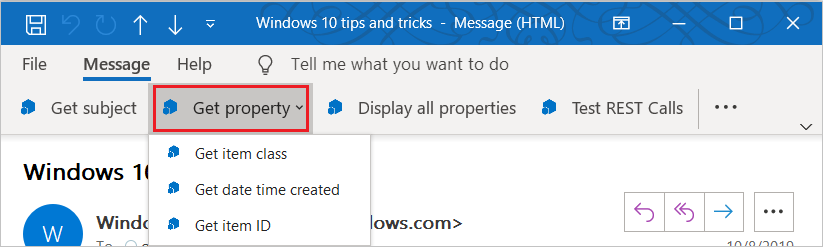 Outlook リボンのドロップダウン メニューを表示するボタン。