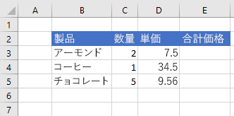 セル数式が設定される前の Excel のデータ。