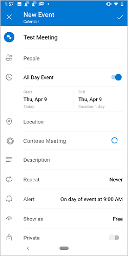 読み込みの Contoso トグルがある Android 上の会議の作成画面。