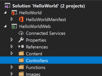 Visual Studio ソリューション エクスプローラー ウィンドウ上に強調表示されている、HelloWorldWeb プロジェクトの Controllers フォルダー。