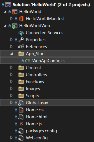 HelloWorldWeb プロジェクトで強調表示されているスキャフォールディングされたファイルを示す Visual Studio ソリューション エクスプローラー ウィンドウ。