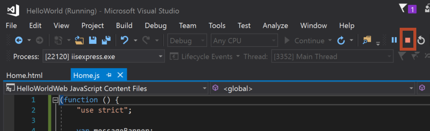 Visual Studio ツール バー上で強調表示されている [停止] ボタン。
