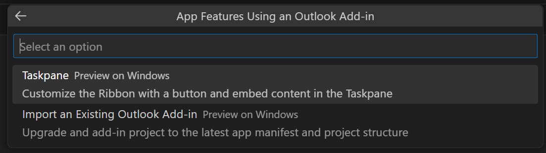 [Outlook アドインを使用したアプリ機能] ドロップダウンの 2 つのオプションを示すスクリーンショット。最初のオプション 'Taskpane' が選択されています。