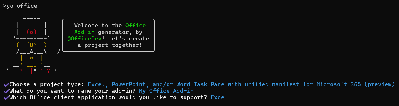 統合マニフェストが選択されている場合の Yeoman Generator for Office アドインのコマンド ライン インターフェイス。