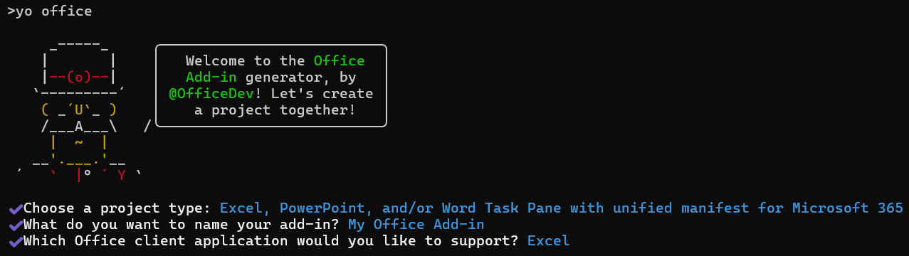 統合マニフェストが選択されている場合の Yeoman Generator for Office アドインのコマンド ライン インターフェイス。