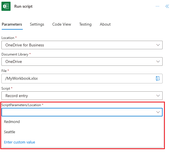 'Seattle' と 'Redmond' の間の選択肢がある 'Location' という名前の追加のパラメーター フィールドを示すスクリプトの実行アクション。