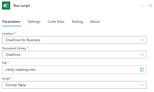 場所を示す完了したフィールドを含むスクリプトの実行アクションは 'OneDrive for Business'、ドキュメント ライブラリは 'OneDrive'、ファイルは 'daily-readings.xlsx'、スクリプトの名前は 'Format Table' です。