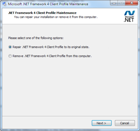 [.NET Framework 4 クライアント プロファイルを元の状態に修復する] オプションを選択した後、[次へ] オプションを選択するスクリーンショット。