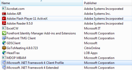 インストールされているプログラムの一覧で Microsoft .NET Framework 4 クライアント プロファイル項目を探すスクリーンショット。