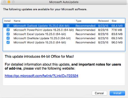 Microsoft AutoUpdate を使用して Office アプリケーションを最新の状態に保つスクリーンショット。