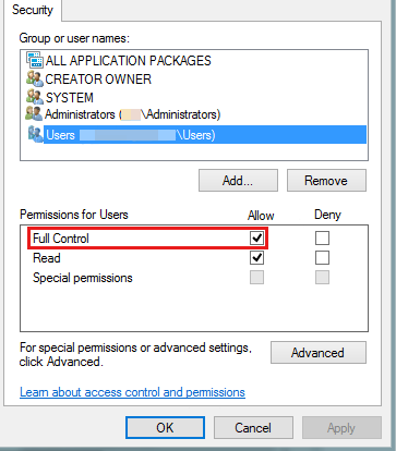 [ユーザーにフル コントロール] アクセス許可を付与する手順を示すスクリーンショット。