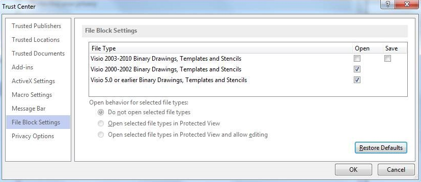 Visio 2013 の [ファイル ブロック設定] ダイアログ ボックスの既定の設定を示すスクリーンショット。