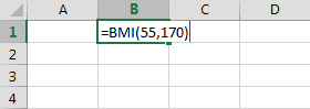 Excel でカスタム B M I 関数を使用するスクリーンショット。
