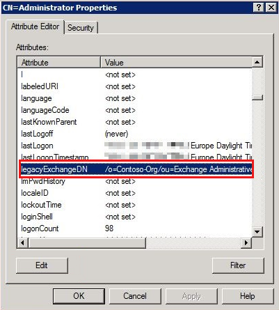 legacyExchangeDN 属性が選択されている管理者プロパティ ウィンドウのスクリーンショット。