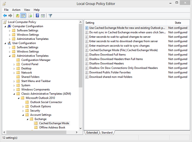 Outlook でのキャッシュの設定を制御するグループ ポリシー管理エディターのスクリーンショット。