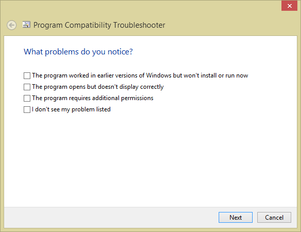 Outlook 2013 互換モード設定での問題の選択のスクリーンショット。