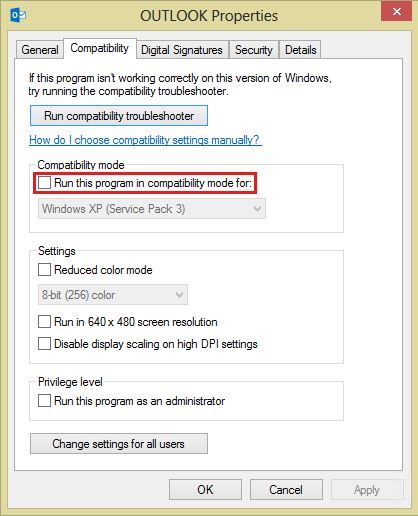 Outlook 2013 の Outlook の [プロパティ] の [互換性] タブのスクリーンショット。